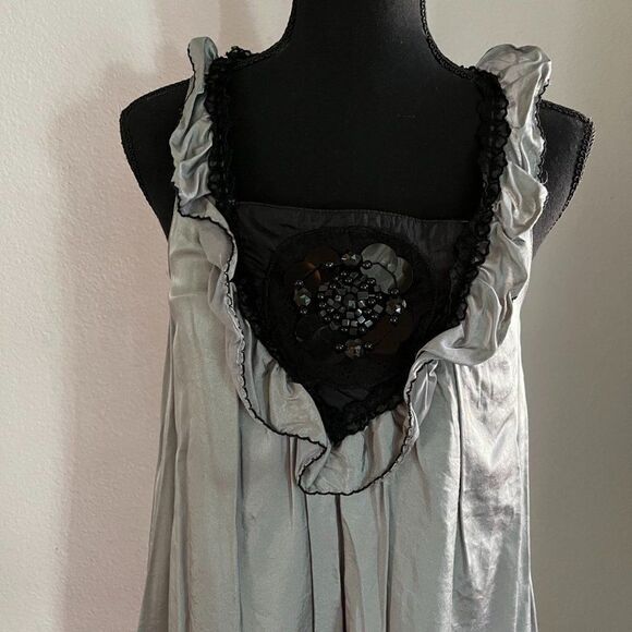Cecico silk gray A-line sundress with black decoration size S - Picture 2 of 10